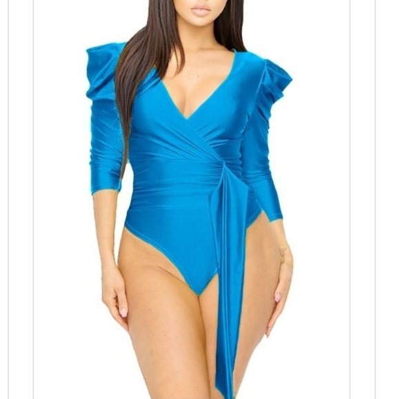 Puff sleeve wrap front bodysuit - Picture 1 of 16